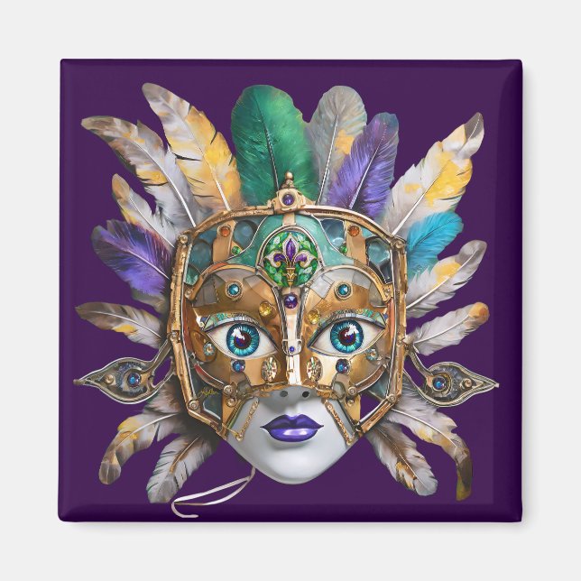 Mardi Gras Feather och Metall Mask Magnet (Framsidan)