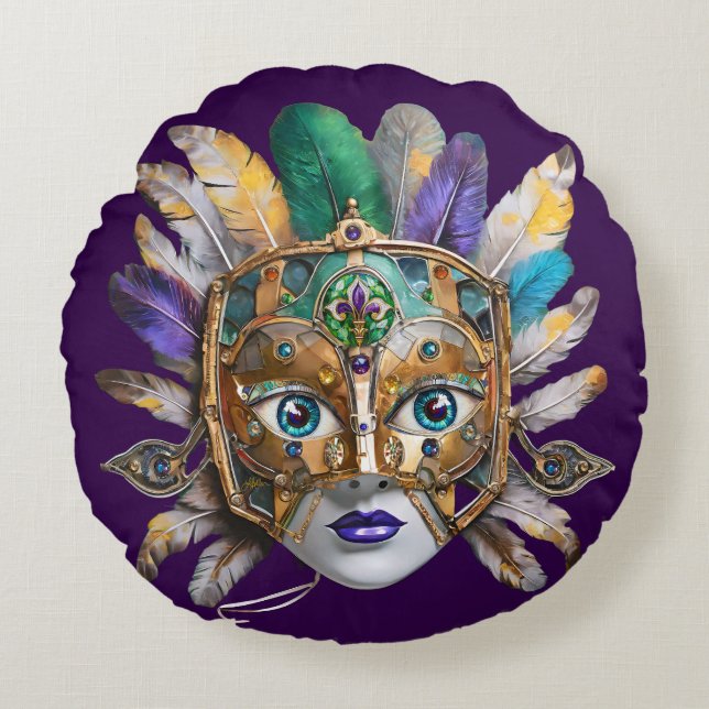 Mardi Gras Feather och Metall Mask Rund Kudde (Framsidan)