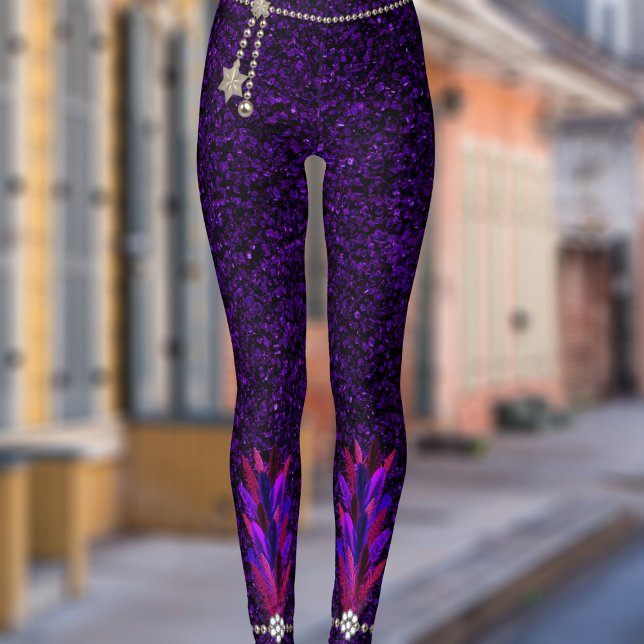 Mardi Gras Feather Pendant Lila Glitter Leggings (Have fun at the Mardi Gras carnival in a pair of these leggings.)