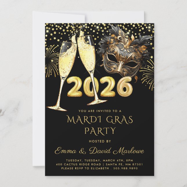 Mardi Gras-fest 2026 Svart Guld Glitter Inbjudningar (Framsida)