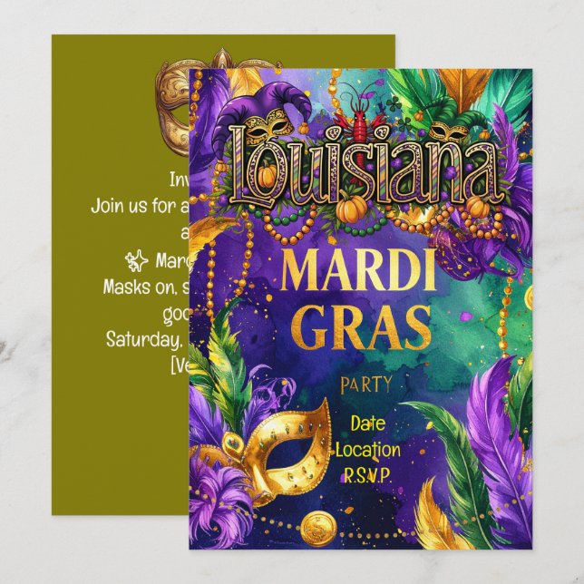Mardi Gras-fest – Louisiana Inbjudningar (Fram/baksida)