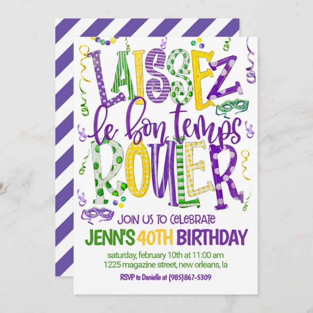 Mardi Gras-festfirande inbjudan (Fram/baksida)