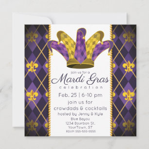 Mardi Gras fleur-de-lis Argyle Jester Hat Inbjudningar