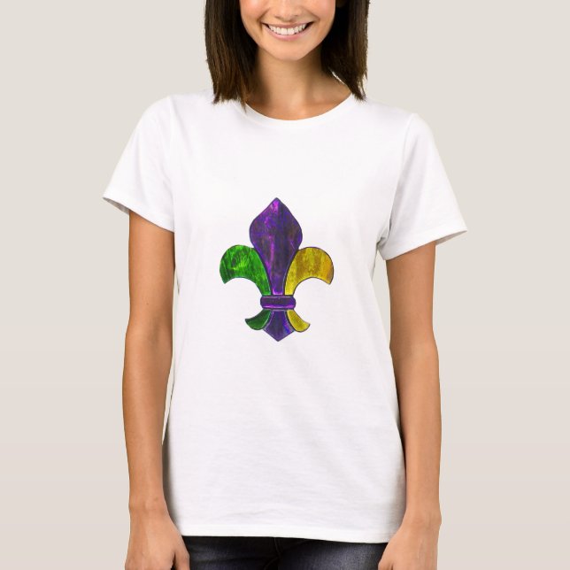 Mardi Gras Fleur De Lis Lila gröntgult T-shirt (Framsida)