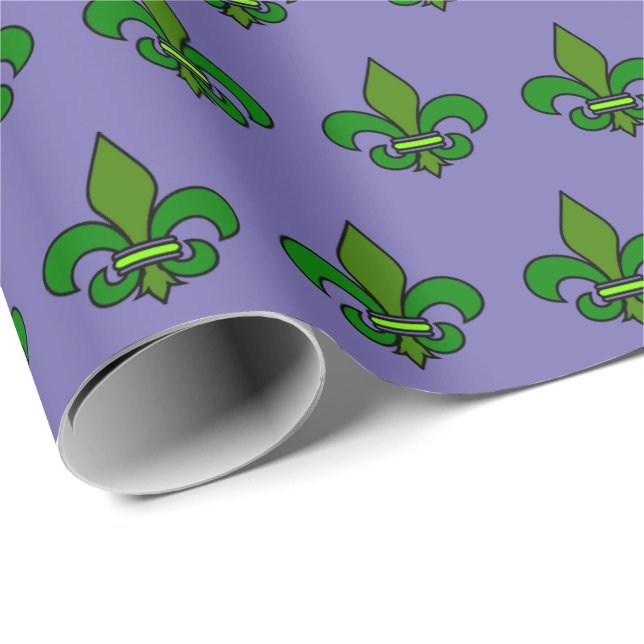 Mardi Gras Fleur de Lis Lila och Grönt Gift Wrap Presentpapper (Rullad Hörn)