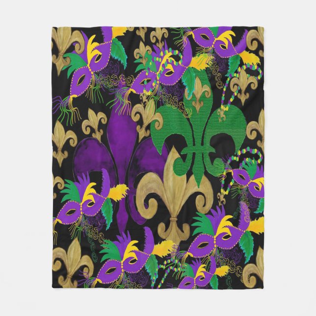 Mardi Gras fleur de lis och masker Fleecefilt (Framsidan)