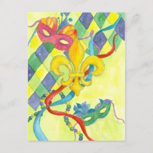 Mardi Gras Fleur De Lis Watercolor Art Gult Vykort