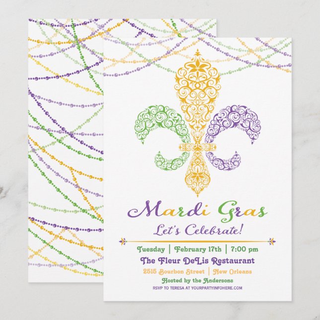 Mardi Gras Fleur DeLis-fest Invitation Inbjudningar (Fram/baksida)