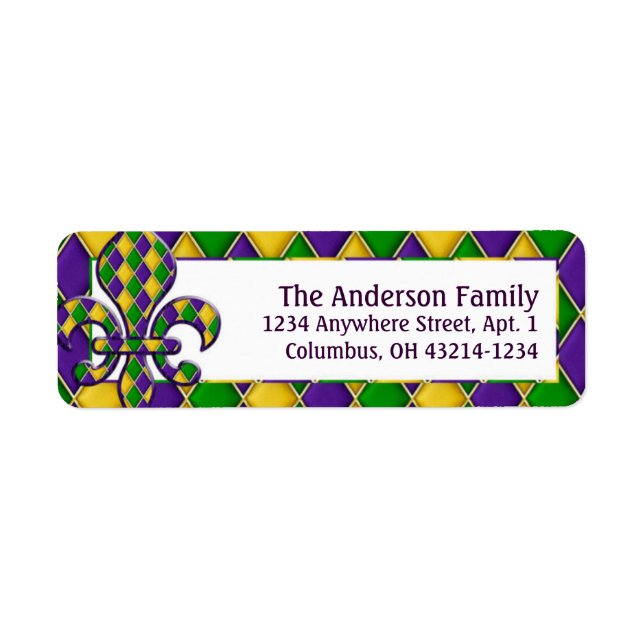 Mardi Gras Fleur Harlequin Mönster Returadress Etikett (Framsidan)