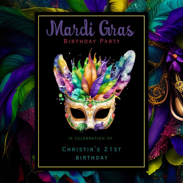 Mardi Gras Födelsedagsmaskeradfest Svart Chic Inbjudningar (Skapare uppladdad)