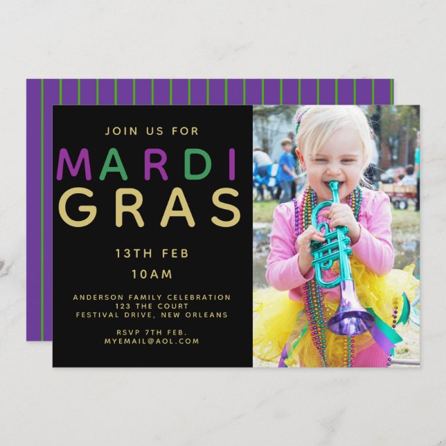Mardi Gras Fotoinbjudan - Modern Lila Grönt Inbjudningar (Fram/baksida)