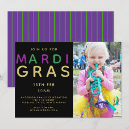 Mardi Gras Fotoinbjudan - Modern Lila Grönt Inbjudningar