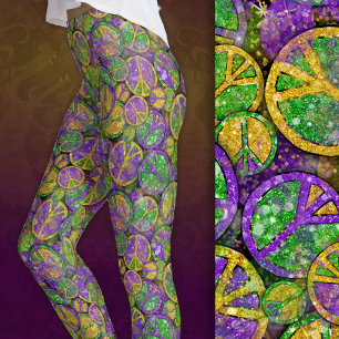 Mardi Gras Fredstecken i Lila Grönt och Guld Leggings