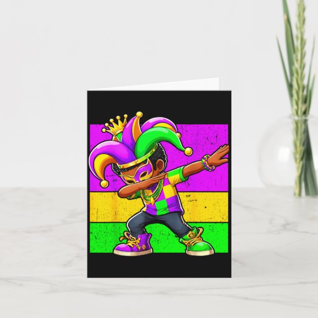 Mardi Gras Funny Dabbing Black Boy Jester Hat Kid  Kort (Framsida)