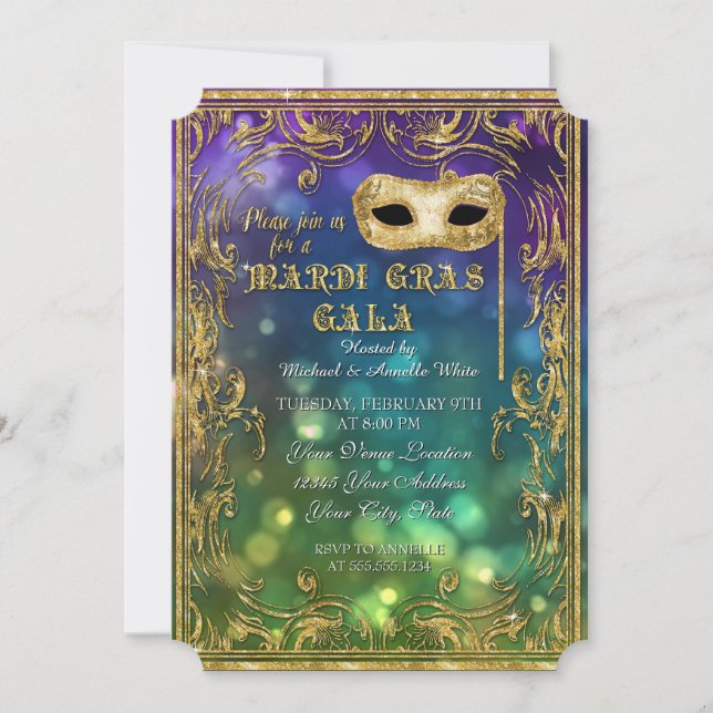 Mardi Gras Galafest Maskeradmask Bokeh Guld Glitte Inbjudningar (Framsida)