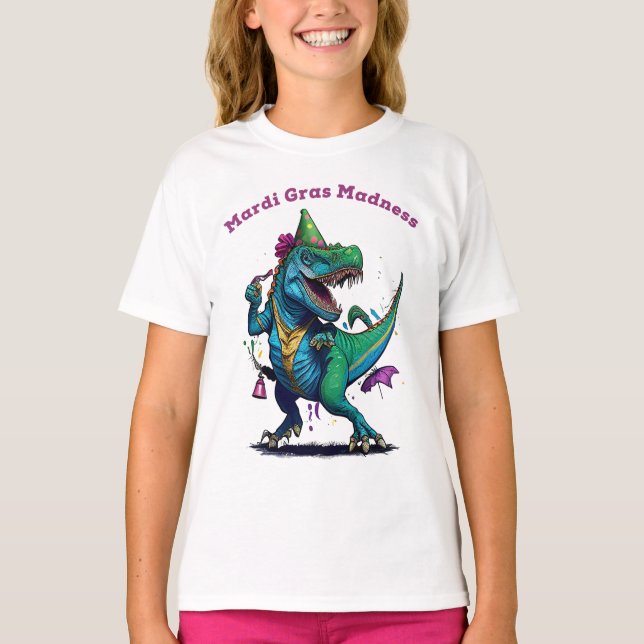 Mardi Gras Galenhet T Rex Dinosaur Bead Mardi Graw T Shirt (Framsida)