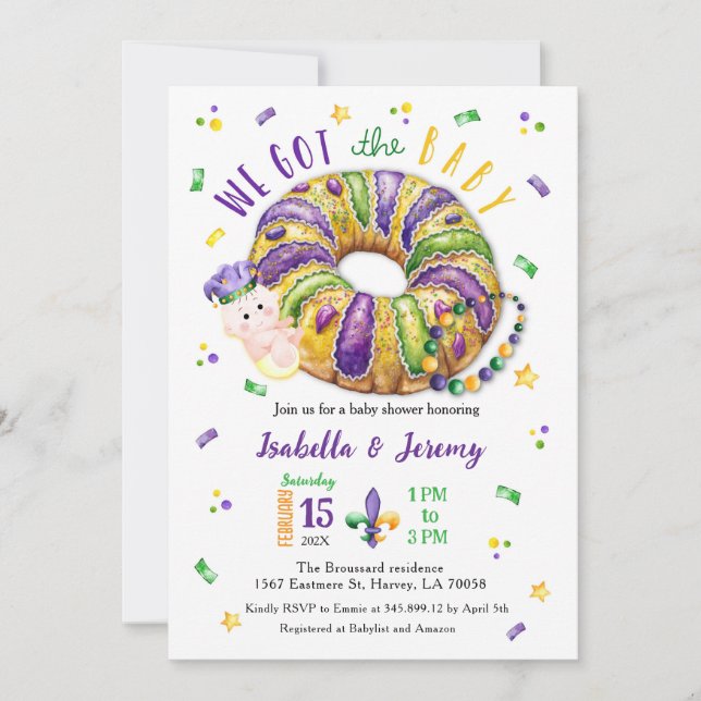 Mardi Gras Gender Reveal Lt Skin Tone Invitation Inbjudningar (Framsida)