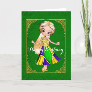 Mardi Gras Girl Grönt Birthday Card Kort