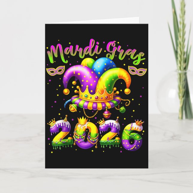 Mardi Gras Glad 2026 Jesterhatt New Orleans Män W Kort (Framsida)