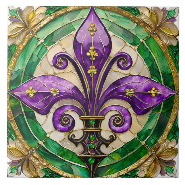 Mardi Gras glasmålning Fleur de lis  Kakelplatta (Framsidan)