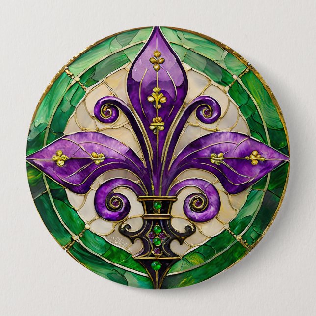 Mardi Gras glasmålning Fleur de lis  Knapp (Framsida)
