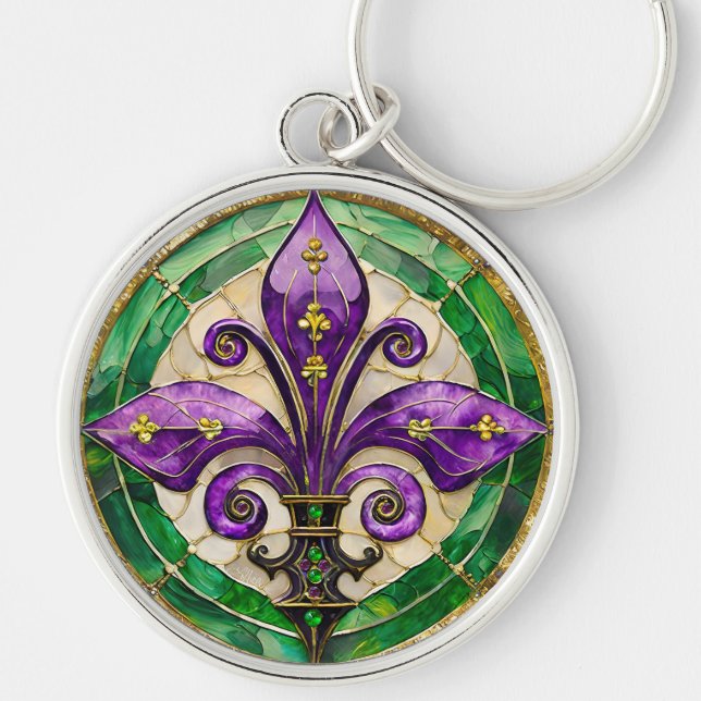 Mardi Gras glasmålning Fleur de lis  Rund Silverfärgad Nyckelring (Framsidan)