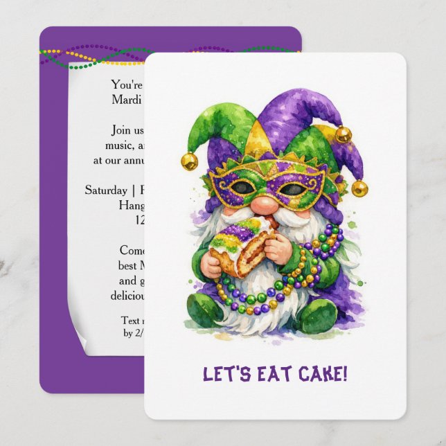 Mardi Gras Gnome Eating King Cake Inbjudningar (Fram/baksida)