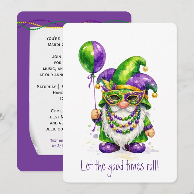 Mardi Gras Gnome with Party Balloon Inbjudningar (Fram/baksida)