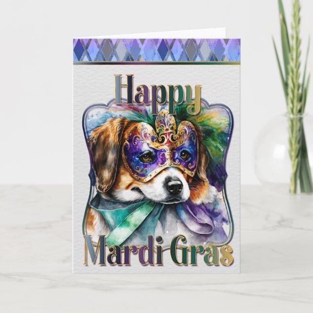 Mardi Gras Greeting Card, Mardi Gras Beagle Puppy Kort (Framsida)
