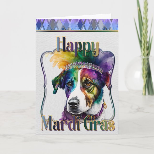 Mardi Gras Greeting Card, Mardi Gras Jack Russell Kort (Framsida)