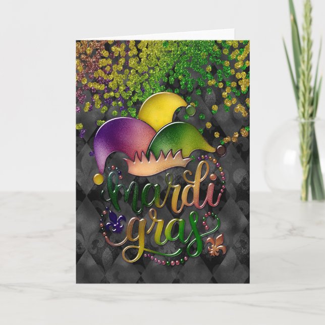Mardi Gras Greeting Card, Mardi Gras Jester Hat Kort (Framsida)