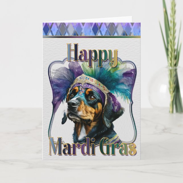 Mardi Gras Greeting Card, Mardi Gras Rottweiler Kort (Framsida)