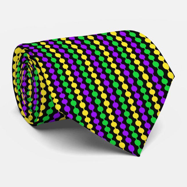 Mardi Gras Grön, Gul, Lila Pärlor på Svart Slips (Rullad)