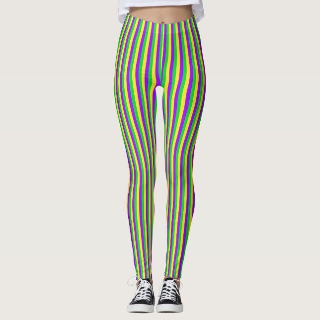 Mardi Gras Grön, Gul, Lila Ränder Leggings (Framsida)