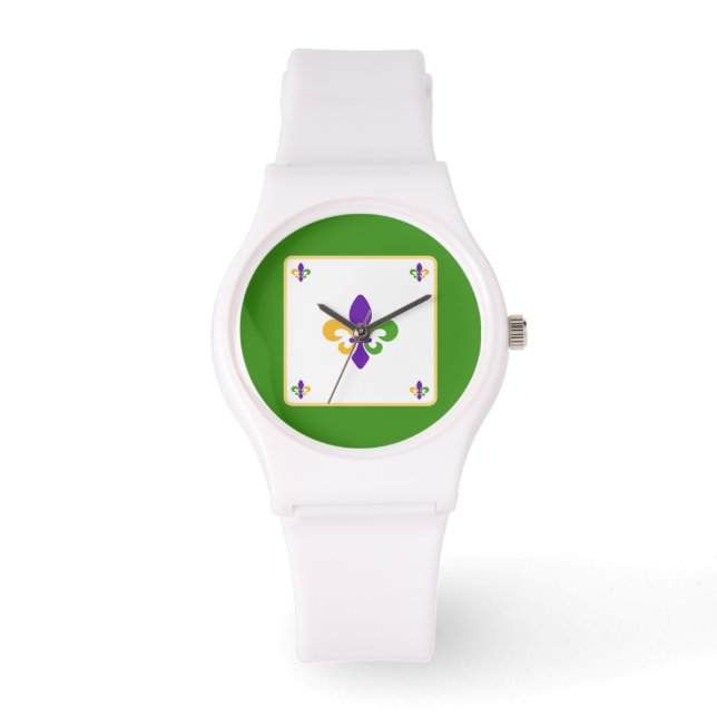Mardi Gras Grön Gul Purpur Fleur de Lis Armbandsur (Framsida)