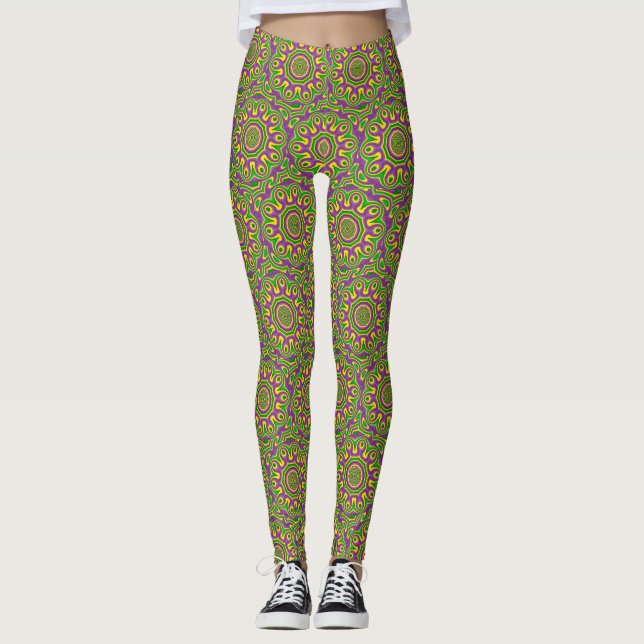 Mardi Gras Grönt Gult Lila Mönster Mandala Leggings (Framsida)