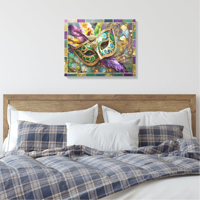 Mardi Gras Grönt och Guld Colorful Feathers Mask Canvastryck (Insitu (sovrum))