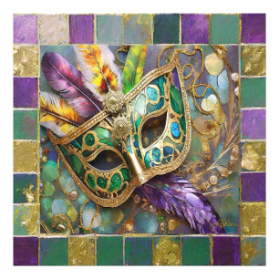 Mardi Gras Grönt och Guld Colorful Feathers Mask Fototryck