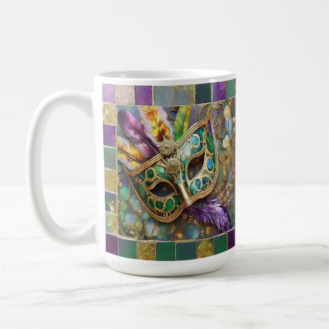 Mardi Gras Grönt och Guld Colorful Feathers Mask Kaffemugg (Vänster)