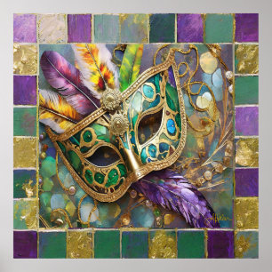 Mardi Gras Grönt och Guld Colorful Feathers Mask Poster