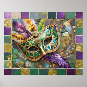 Mardi Gras Grönt och Guld Colorful Feathers Mask Poster