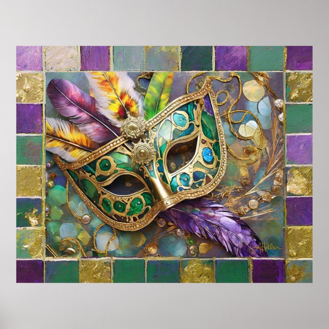 Mardi Gras Grönt och Guld Colorful Feathers Mask Poster (Framsidan)