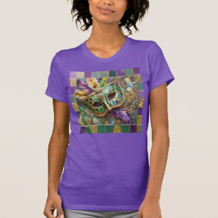 Mardi Gras Grönt och Guld Colorful Feathers Mask T Shirt