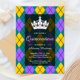 Mardi Gras Gul Lila Argyle Kron Quinceanera Inbjudningar