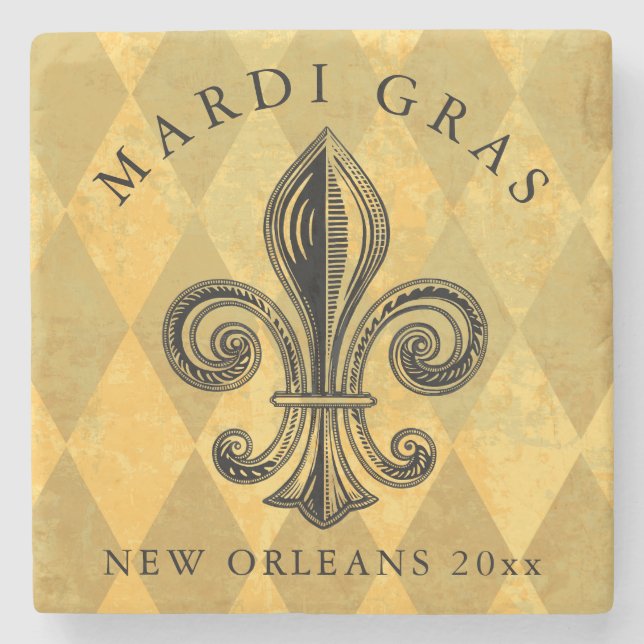 Mardi Gras Guld Black Fleur de lis Harlequin År Stenunderlägg (Framsidan)