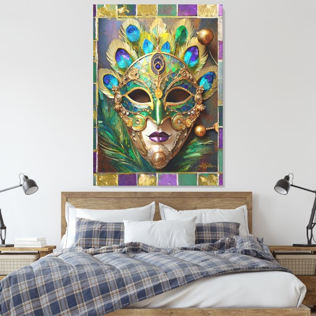 Mardi Gras Guld Ceramic Peacock Feather Mask Canvastryck (Insitu (sovrum))
