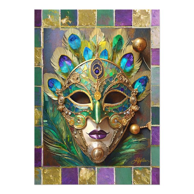 Mardi Gras Guld Ceramic Peacock Feather Mask Fototryck (Framsidan)