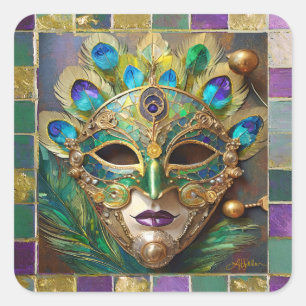 Mardi Gras Guld Ceramic Peacock Feather Mask Fyrkantigt Klistermärke