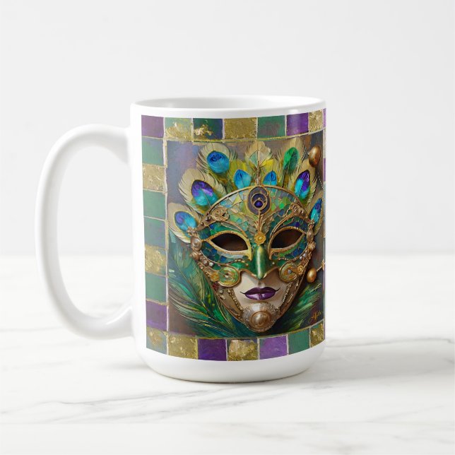 Mardi Gras Guld Ceramic Peacock Feather Mask Kaffemugg (Vänster)