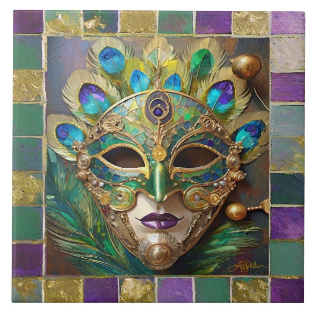Mardi Gras Guld Ceramic Peacock Feather Mask Kakelplatta (Framsidan)